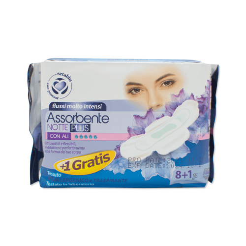 Almohadillas sanitarias con alas, noche plus 8+1 unidades