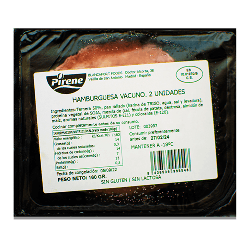Hamburguesa de res. Marca: Pirene. (caja de 24 unidades).( 1.92 kg)