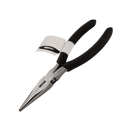 Pinza de punta larga, mango plástico, longitud 160 mm.