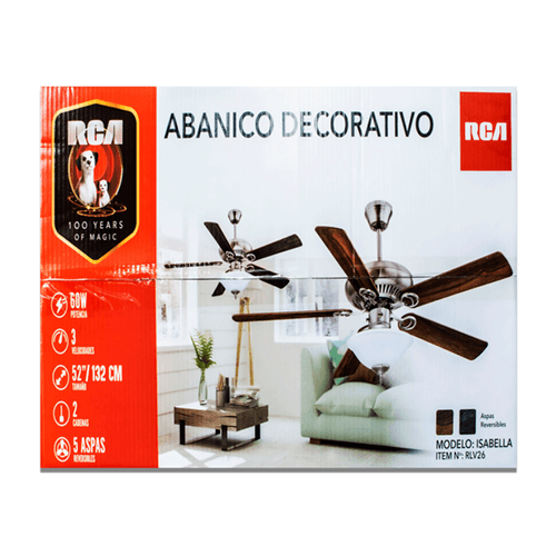 Ventilador de techo decorativo. Aspas reversibles carmelita claro-carmelita oscuro, apariencia madera