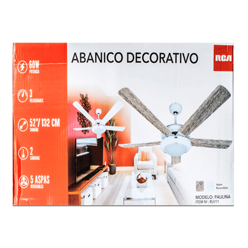 Ventilador de techo decorativo. Aspas reversibles blanco-beige apariencia madera