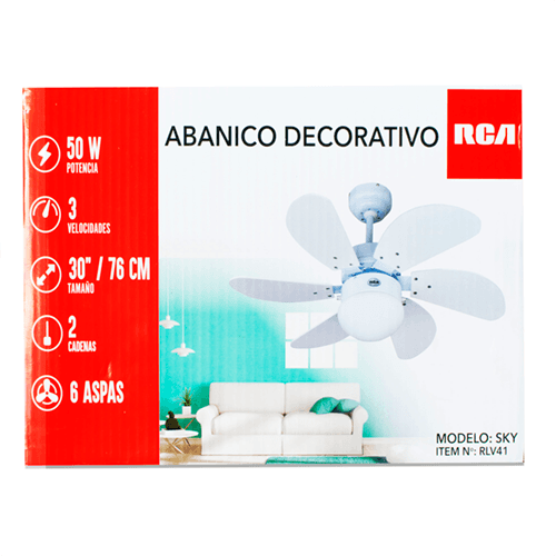 Ventilador de techo decorativo, 6 aspas blancas. 