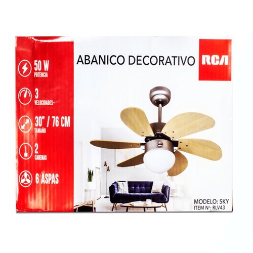 Ventilador de techo decorativo, 6 aspas carmelitas. 