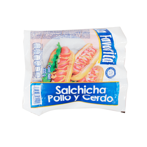 Salchicha de pollo-cerdo (8 unidades) marca “La favorita”