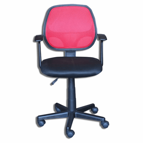 Silla giratoria, espaldar rojo de tela, asiento negro de esponja