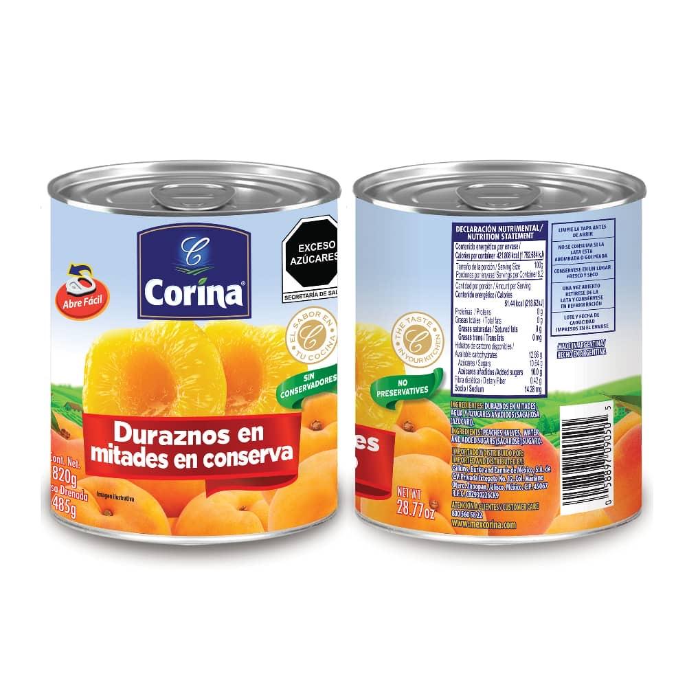 Durazno en mitades marca Corina, 820 g.