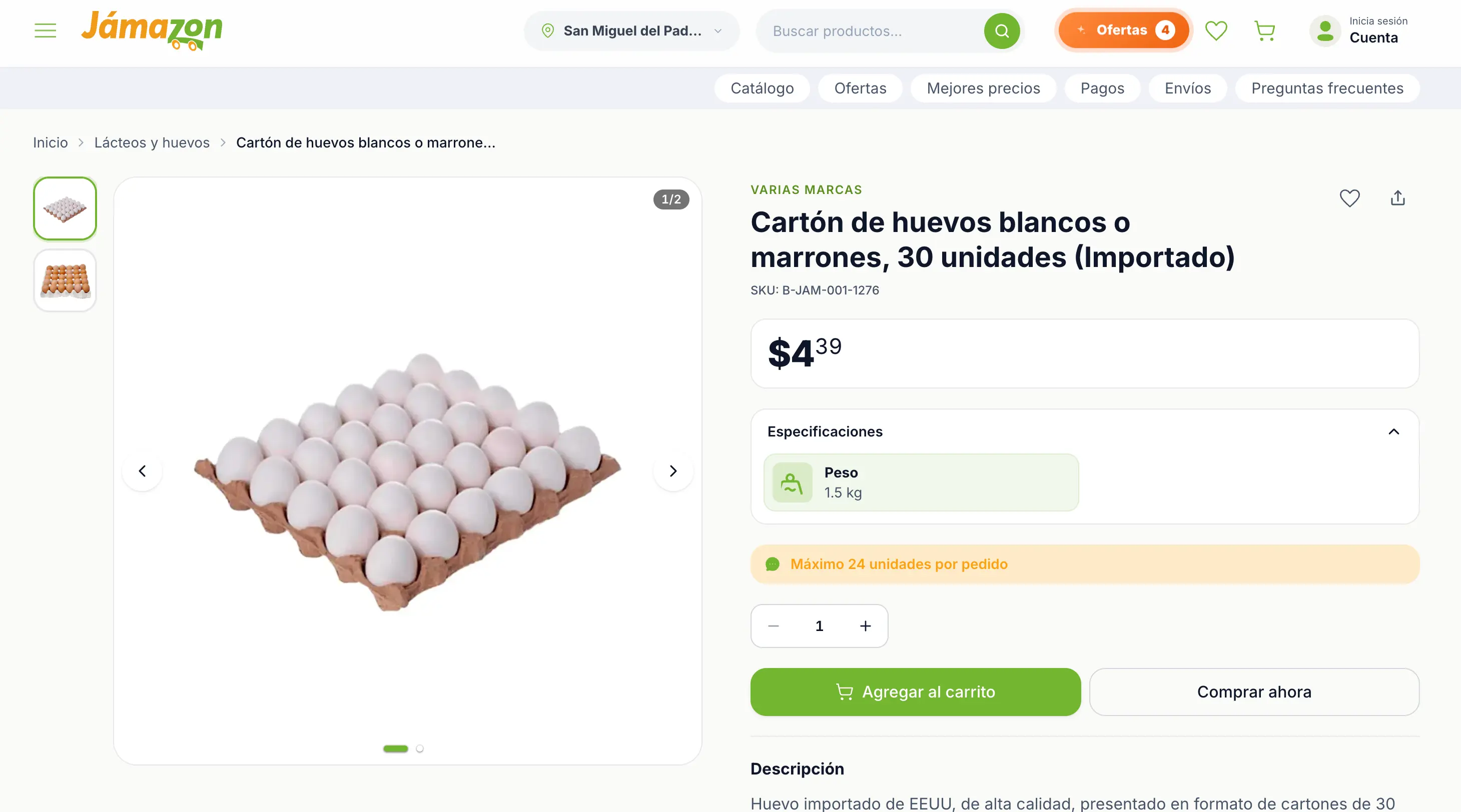 Página con los detalles de un producto