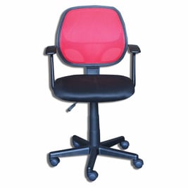Silla giratoria, espaldar rojo de tela, asiento negro de esponja