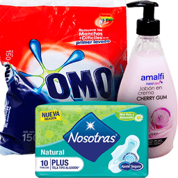 Detergentes, jabón, champú, almohadillas sanitarias, pañales, pastas dentales…